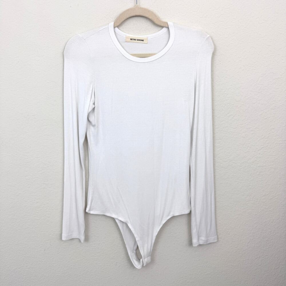 Betro Simone Womens Long Sleeve Bodysuit Sz S Ribbed Stretch Minimal Thong White